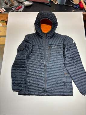 Eddie Bauer First Ascent Mens Size M 800 fill down Hooded Jacket Dark Gray Orang